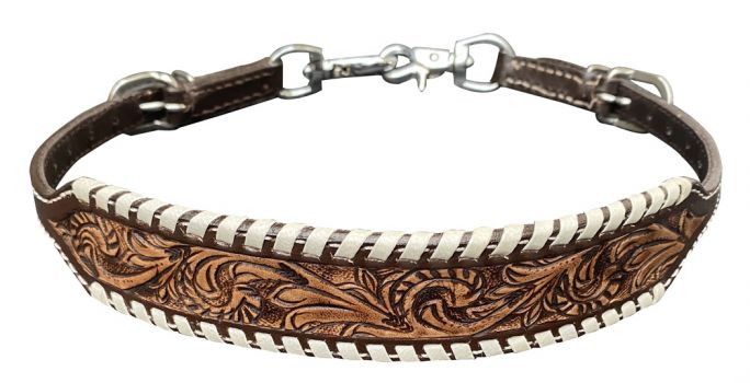 Showman Leather floral tooled wither strap with white whipstitching